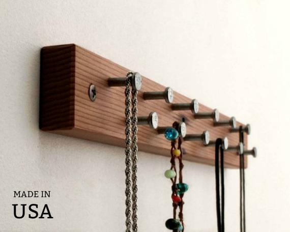 Small Jewelry Rack, Small Jewelry Organizer, Short, Wood and Metal, Eco Friendly Necklace Display, Wood Necklace Rack, Wall Mount by andrewsreclaimed