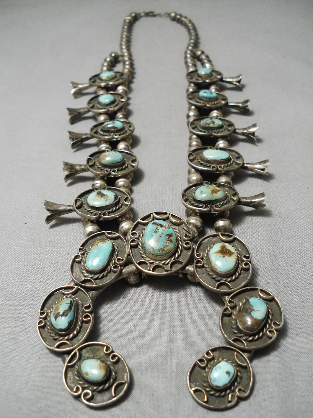 Fine Vintage Native American Navajo Royston Turquoise Sterling Silver Squqash Blossom Necklace