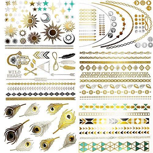 #1 Metallic Temporary Tattoos. 8 Sheet Pack. Gold Silver Temporary Tattoos. High Gloss Shimmer Effect.