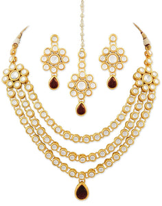22K GoldPlated Kundan Layered Red Drop Ethnic Necklace set