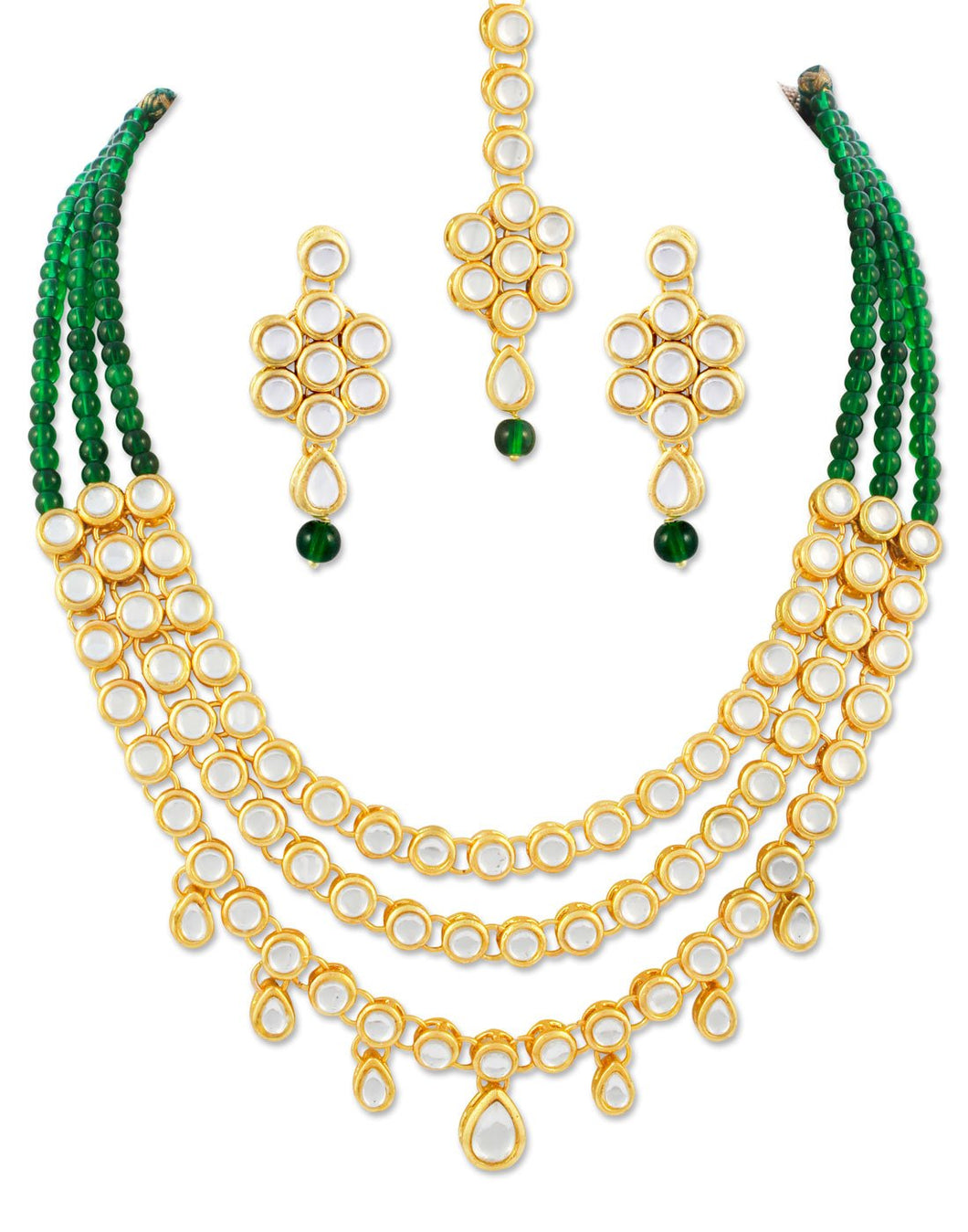 22K GoldPlated Kundan Layered Green Drop Ethnic Necklace set