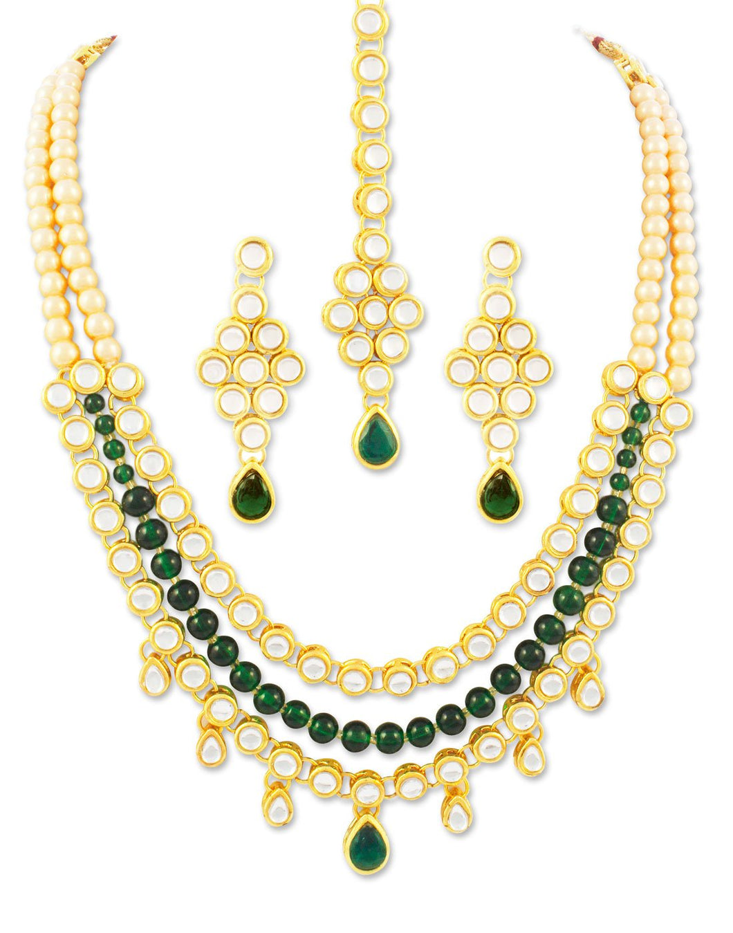 Karatcart 22K GoldPlated Kundan Layered Green Drop Ethnic Necklace set For Women