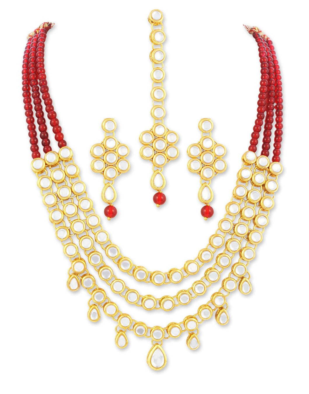 Karatcart 22K GoldPlated Kundan Layered Red Drop Ethnic Necklace set For Women