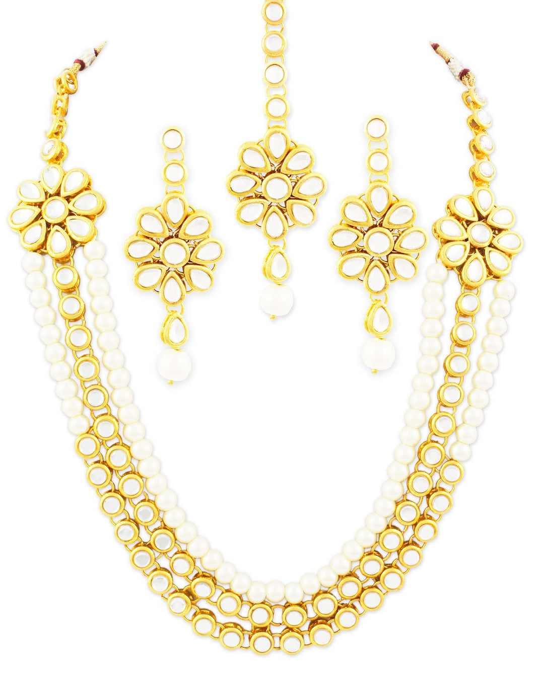 Karatcart 22K GoldPlated Kundan Layered White Pearl Ethnic Necklace set For Women