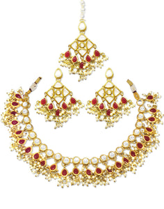 22K GoldPlated Antique Origins Red Kundan Pearl Drop Long Necklace