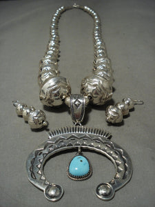 114 Gram Museum Quality Vintage Navajo Huge Native American Jewelry Silver Turquoise Necklace Earrings