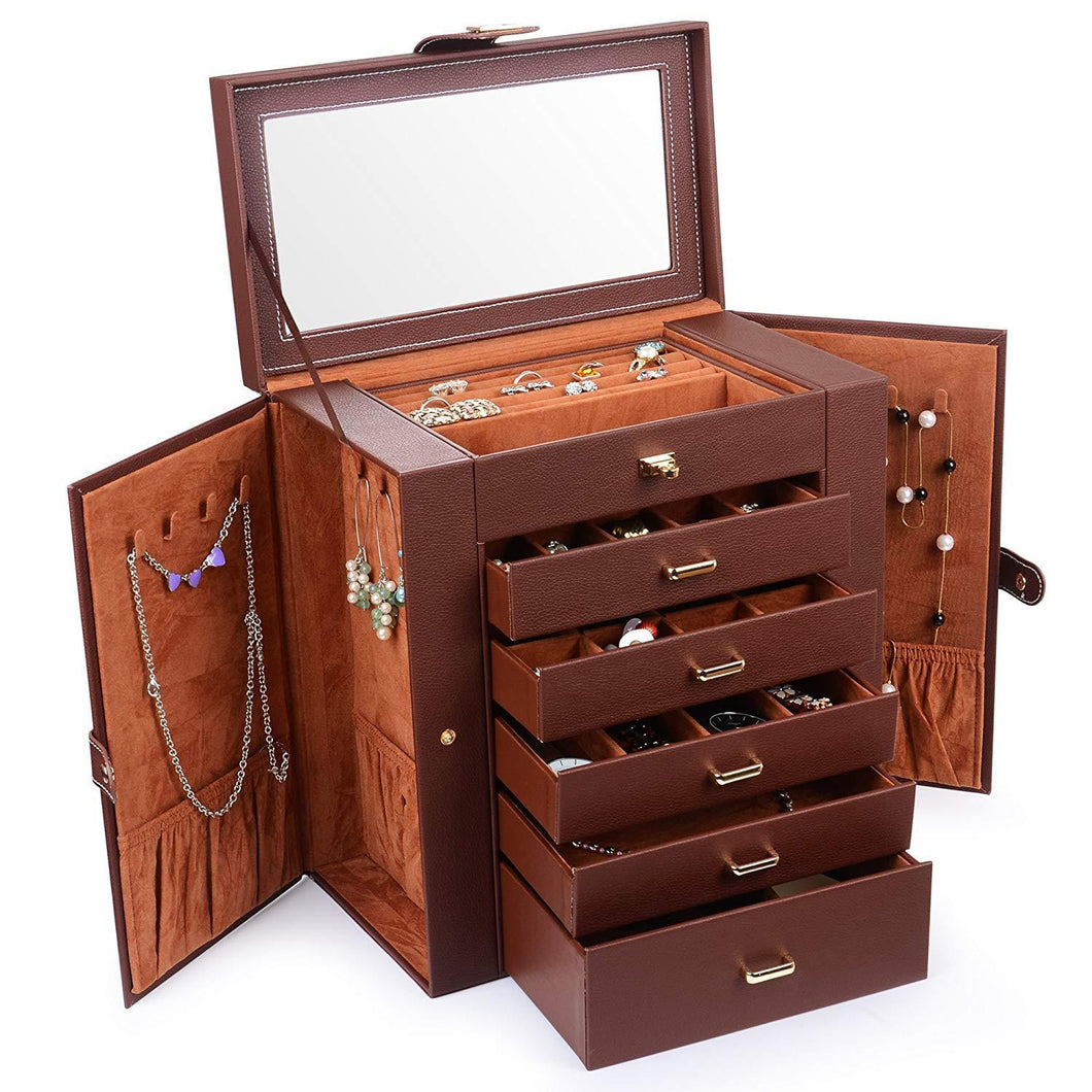 Jewelry Box Organizer Functional Huge Lockable, Leather Jewelry Storage Case for Women Girls Ring Necklace Earring Bracelet Holder Organizer with Mirror Brown