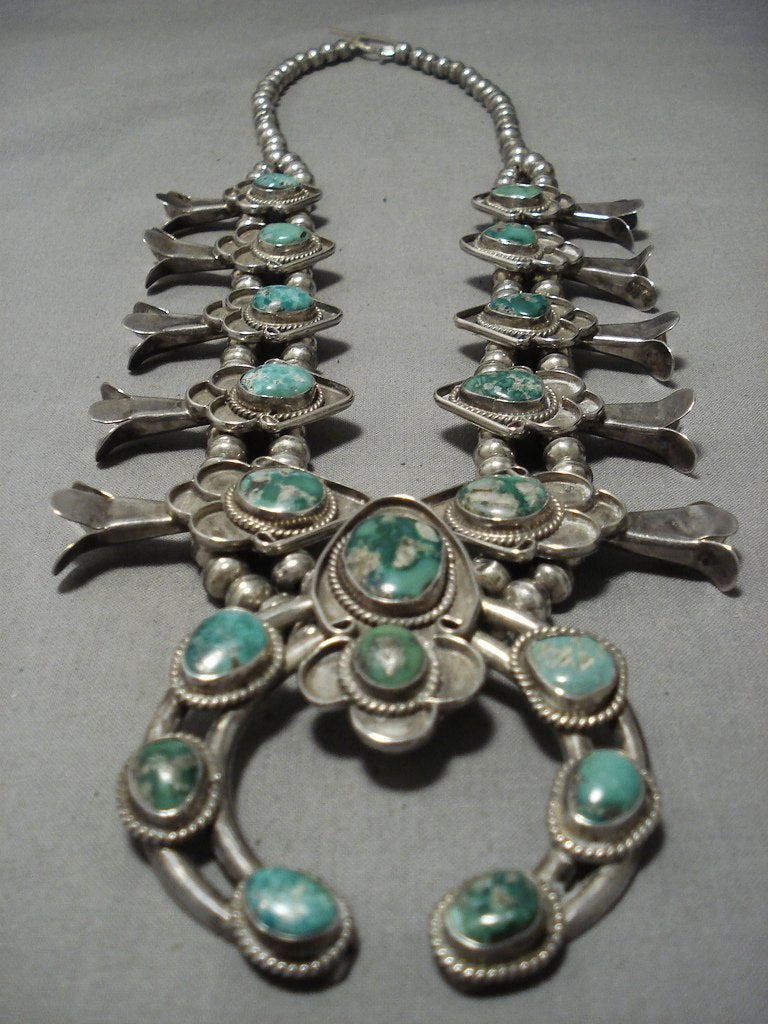 190 Grm Vintage Native American Jewelry Navajo Royston Turquoise Sterling Silver Squash Blossom Necklace