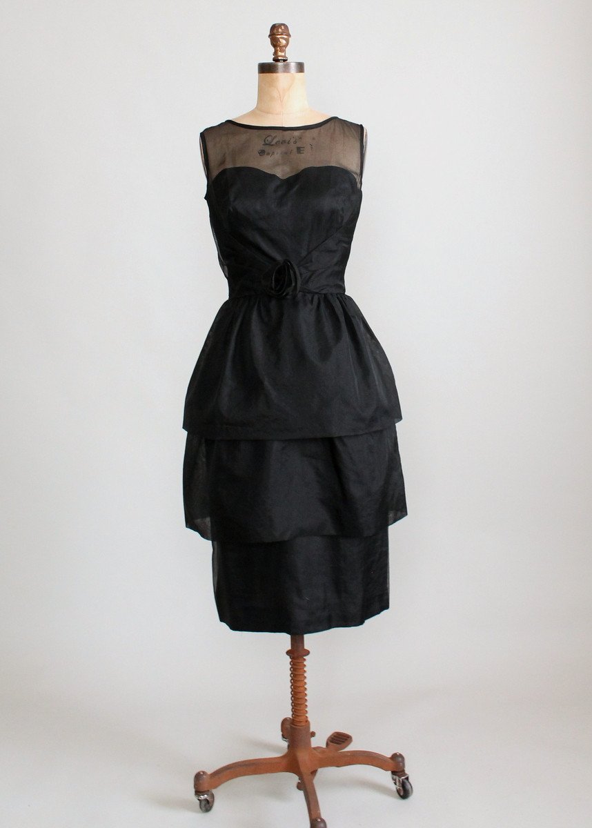 Vintage 1950s Black Organdy Tiered Cocktail Dress