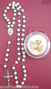 First Communion/First Confirmation White Round Rosaries Beads Necklace gift box