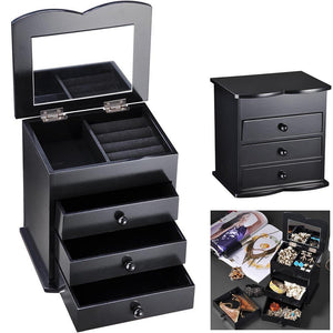 Jewelry Box Built-in Mirror Ring Earring Organizer Storage Case Black