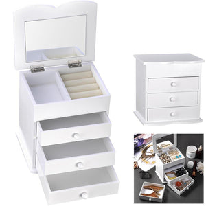 Jewelry Box Built-in Mirror Ring Earring Organizer Storage Case White