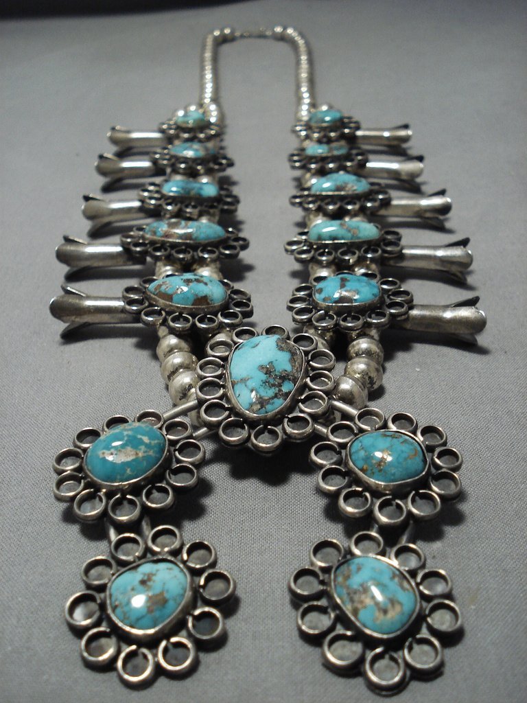 230 Grams All Silver Sterling Native American Navajo Turquoise Squash Blossom Necklace 230 Grams All Silver Sterling Native American Navajo Turquoise Squash Blossom Necklace