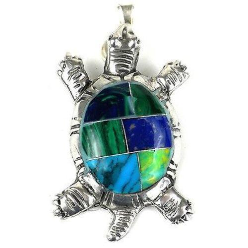 Inlaid Stone Turtle Alpaca Silver Necklace Pendant - Mexico