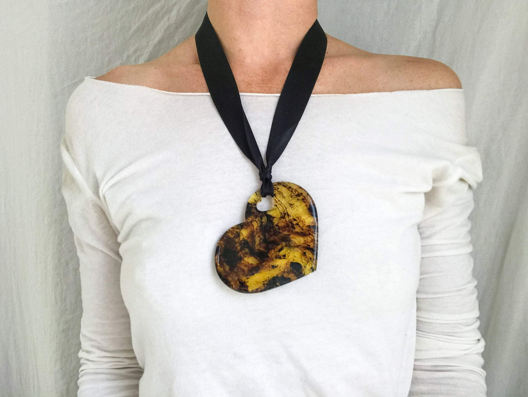 Huge Amber Heart Slab Pendant on a Silk Satin Ribbon. Adjustable Length
