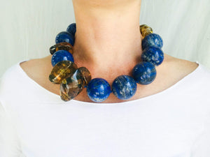 Epic Lapis and Amber Beaded Necklace. Mexican Amber