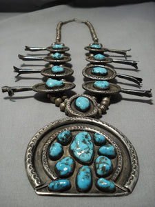 308 Gram Big Vintage Native American Jewelry Navajo Turquoise Sterling Silver Squash Blossom Necklace