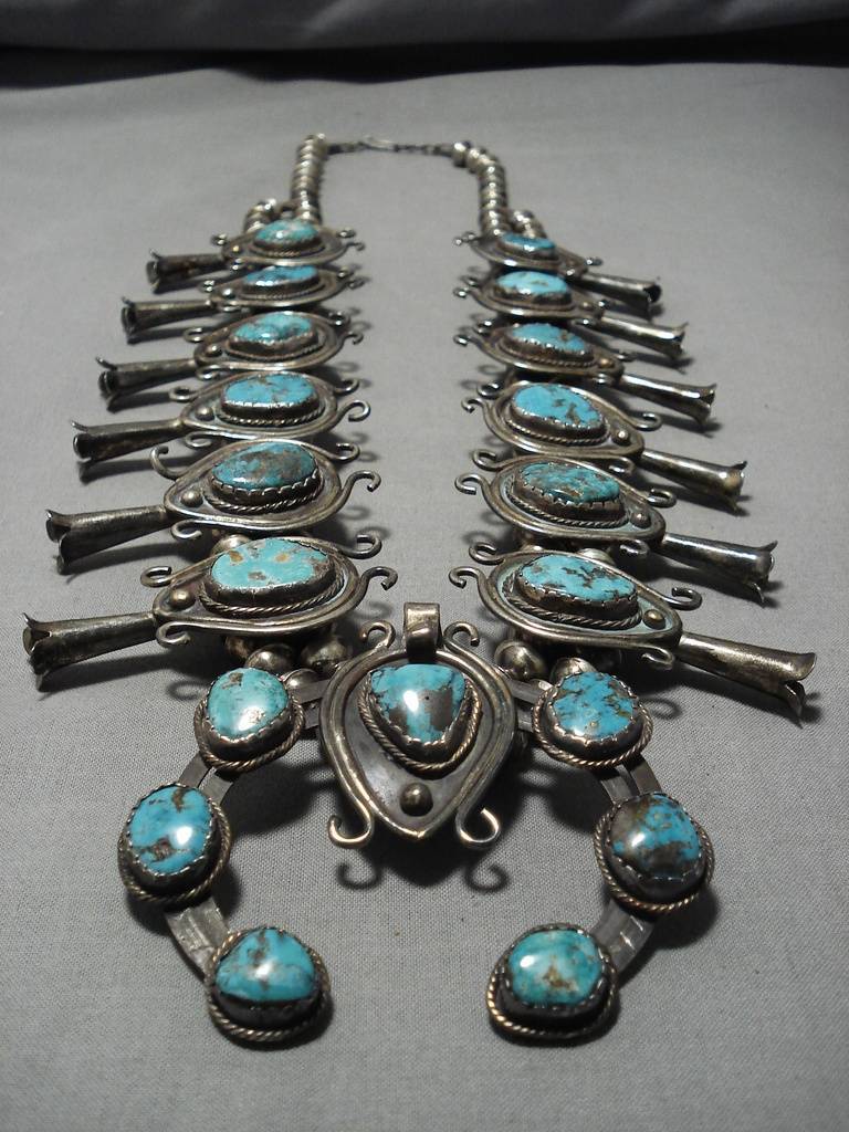 315 Gram Vintage Native American Navajo Sterling Silver Turquoise Squash Blossom Necklace Old
