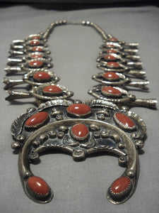 331 Gram Vintage Native American Navajo Coral Sterling Silver Squash Blossom Necklace Old