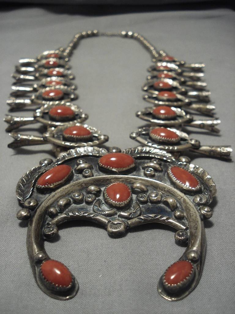 331 Gram Vintage Native American Navajo Coral Sterling Silver Squash Blossom Necklace Old