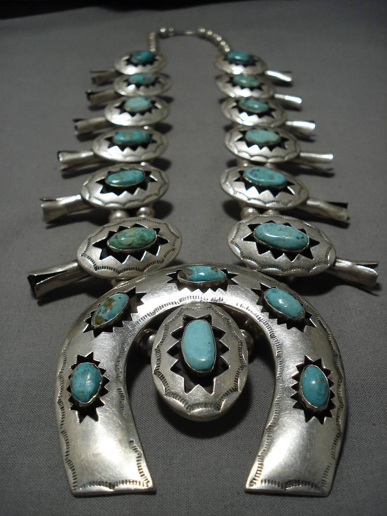 331 Gram Vintage Native American Navajo Rare Turquoise Sterling Silver Squash Blossom Necklace