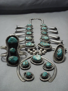 401 Grams Vintage Native American Jewelry Navajo Green Turquoise Sterling Silver Squash Blossom Necklace
