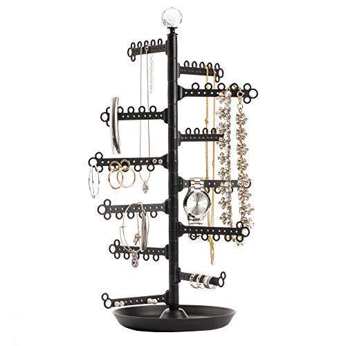 All Hung Up Black 12-Tier Stand Jewelry Holder Tray/Dish - Customizable Storage 17½” Tall Tree Tower Display Organizer for Necklaces, Earrings, Rings, Bracelets
