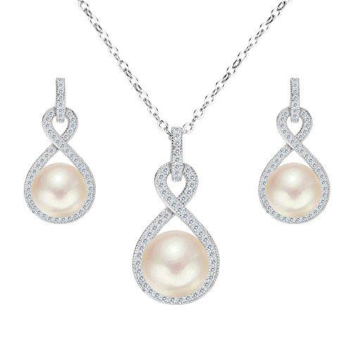 925 Sterling Silver CZ AAA Button Cream Freshwater Cultured Pearl Bridal Jewelry Necklace Earrings Set