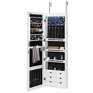 SONGMICS LED Jewelry Cabinet Armoire with 6 Drawers Lockable Door Wall Mounted Jewelry Organizer White UJJC88W