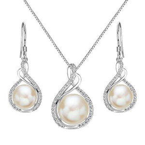 925 Sterling Silver CZ Cream Freshwater Cultured Pearl Infinity Bridal Necklace Hook Earrings Set Clear