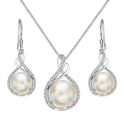 925 Sterling Silver CZ Cream Freshwater Cultured Pearl Infinity Bridal Necklace Hook Earrings Set Clear