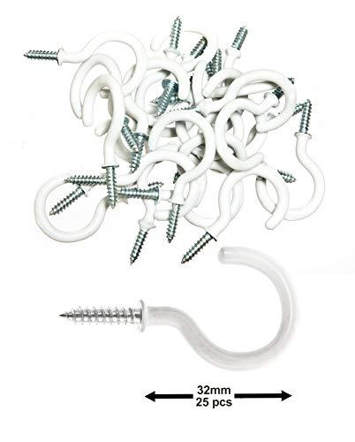 25 X Pvc-Coated 32Mm (1-1/4In) Cup Hooks  Top Quality Wall Ceiling Plastic-Covered Metal Screw-In Hooks For Kitchen Office Bedrooms Utility Room Garage