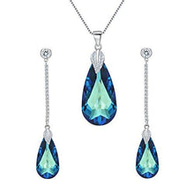 Load image into Gallery viewer, 925 Sterling Silver CZ Teardrop Leaf Pendant Necklace Long Dangle Earrings Set Bermuda Blue Made with Swarovski Crystals