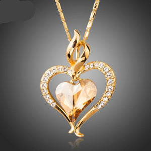 Long Link Chain Heart Austrian Crystal Gold Color Heart Pendant Necklace for Gift of Love