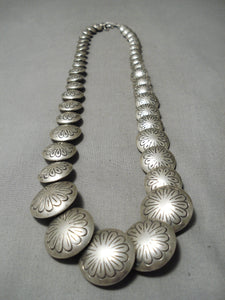 Heavy Museum Quality Vintage Native American Navajo Hand Tooled Sterling Silver Bead Necklace