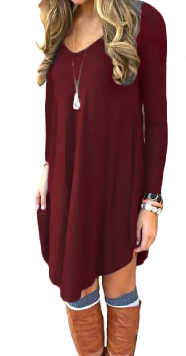 DEARCASE Women's Irregular Hem Long Sleeve Casual T Shirt Flowy Short Dress Wine Red XL