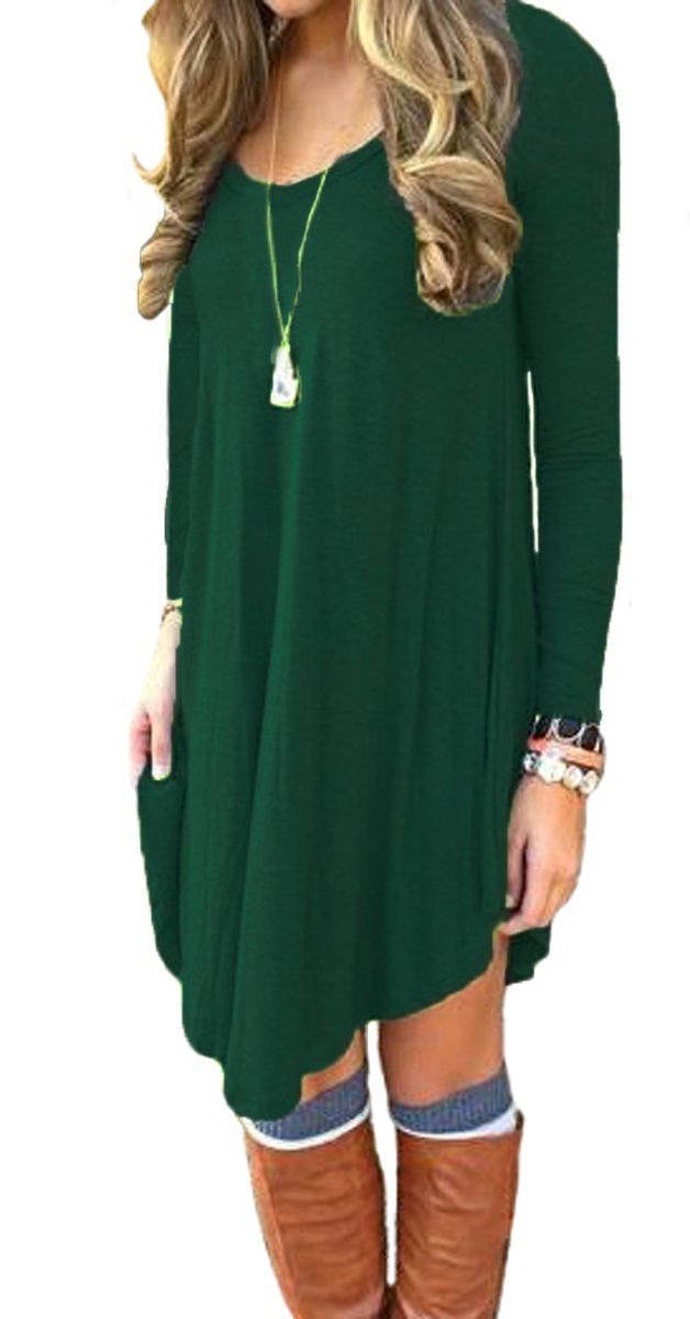 DEARCASE Women's Long Sleeve Swing Loose Flowy Short Casual Tunic Shirt Mini Dress Dark Green S