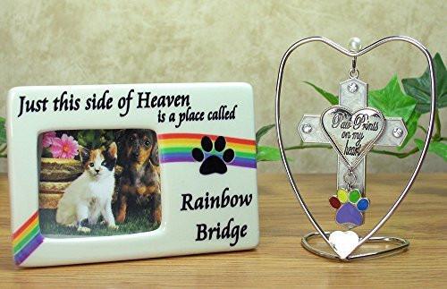 Rainbow Bridge Pet Memorial Picture Frame & Hanging Cross Ornament Set