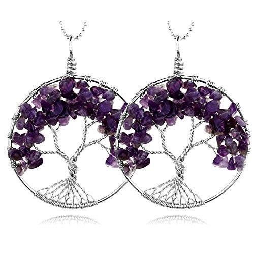 2pcs Women's Wire Wrapped Tree of Life Amethyst Pendant Necklace Tumbled Stone Beads Necklace