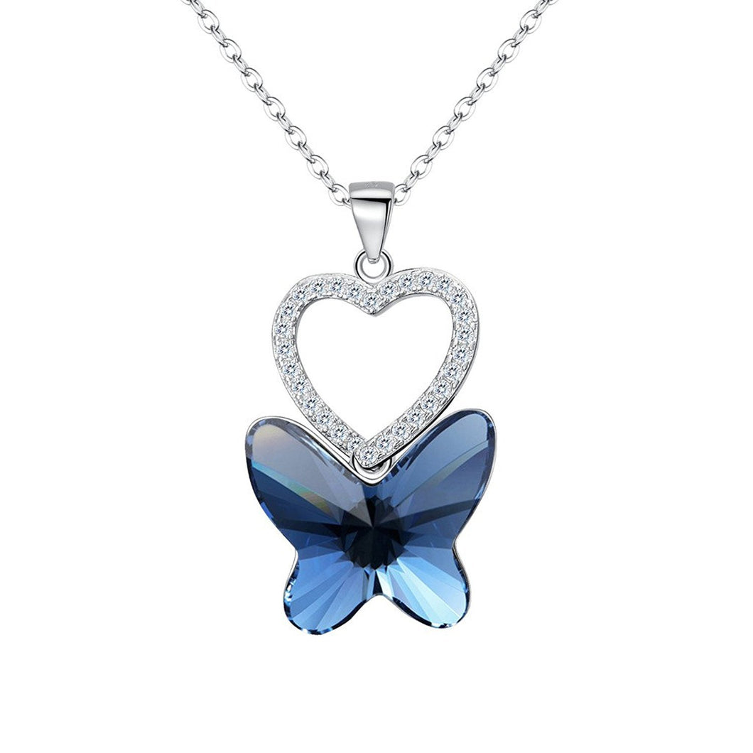 925 Sterling Silver CZ Love Heart Butterfly Pendant Necklace Denim Blue Made with Swarovski Crystals