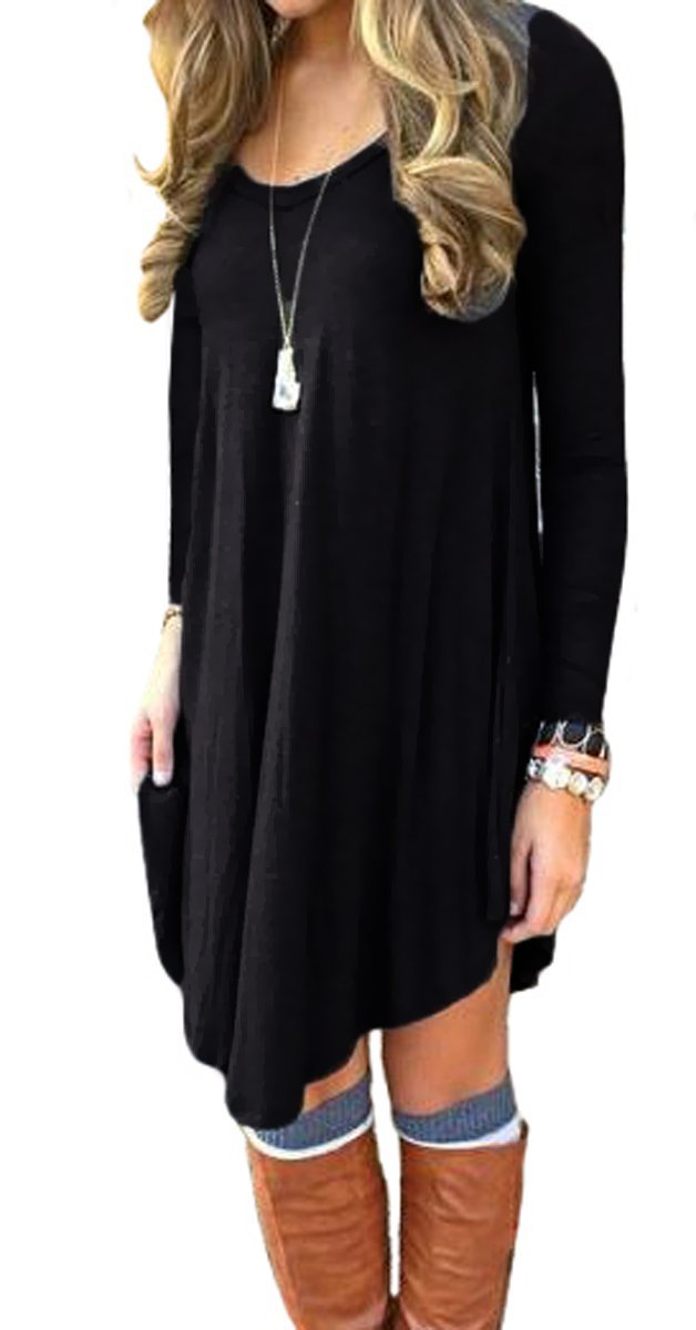 DEARCASE Women s Long Sleeve Casual Loose T Shirt Dress Black S Leeyen Rogers