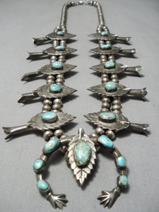 Authentic Vintage Native American Navajo Turquoise Sterling Silver Leaf Squash Blossom Necklace