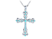 Load image into Gallery viewer, Alilang Silvery Tone Synthetic Turquoise Crystal Rhinestone Holy Cross Pendant Necklace