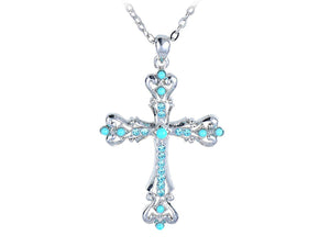 Alilang Silvery Tone Synthetic Turquoise Crystal Rhinestone Holy Cross Pendant Necklace