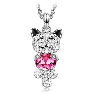 "Lucky Cat" Animal Design Women Pendant, Made with Rose Swarovski Crystal Women Necklace with Luxury Jewelry Box on Valentine's Day!