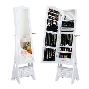 Yokstore Jewelry Cabinet Organizer LED Mirrored Jewelry Storage Armoire with Full Length Standing Large Capacity Makeup Dressing Mirror Wardrobe for Bedroom,White