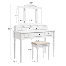 Load image into Gallery viewer, Top vasagle vanity set tri folding necklace hooked mirror 7 drawers 6 organizers makeup dressing table with cushioned stool easy assembly for women white urdt06m
