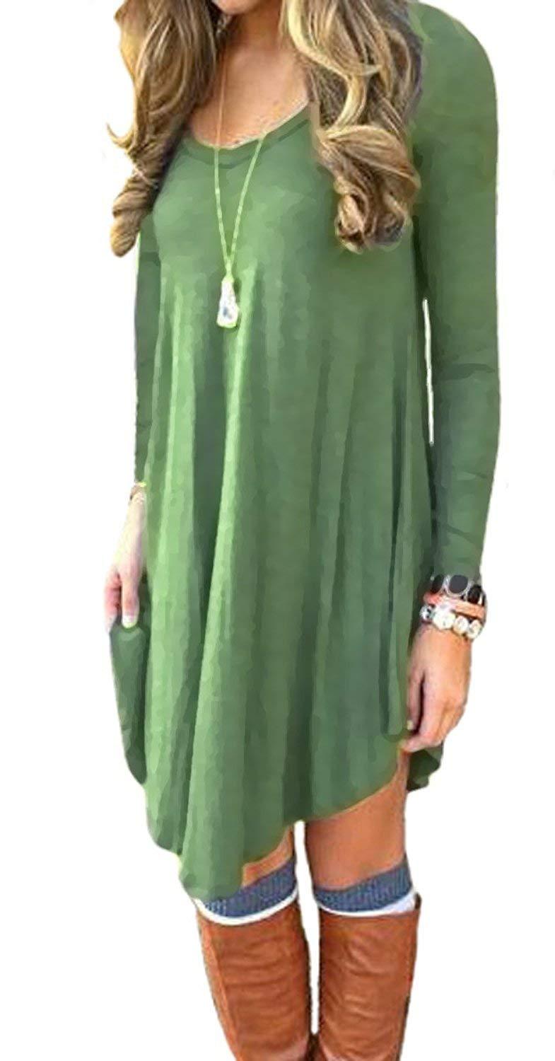 DEARCASE Women's Loose Long Sleeve Stretch Solid A-Line Short Dresses Army Green L