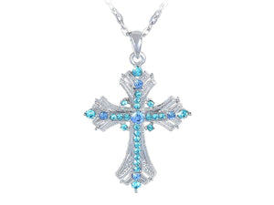 Alilang Silvery Tone Religious Cross Pendant Necklace w/Aquamarine Blue Or Clear Crystal Rhinestones