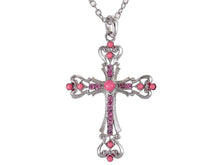 Load image into Gallery viewer, Alilang Silvery Tone Synthetic Turquoise Crystal Rhinestone Holy Cross Pendant Necklace